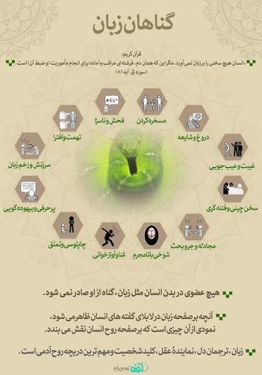 حضرت رسول اکرم(صل الله علیه وآله وسلم) فرمودند: بیشترین گناهان فرزندان آدم زبان اوست. هرکه مردم از زبان او بترسند از اهل جهنم است. برکات زبان :